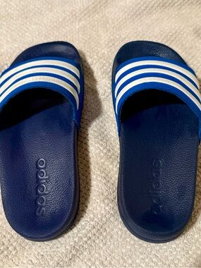 Adidas Kids' Blue Slide Sandals with White Stripes. Size 11t